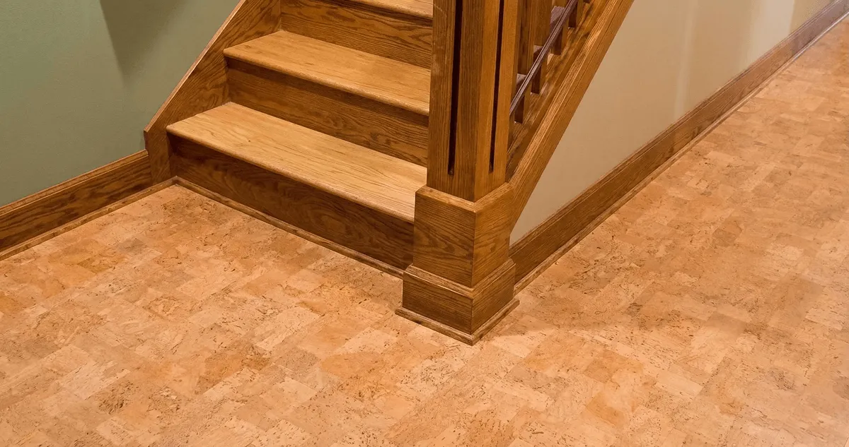 End of a staircase with cork flooring in Madison, WI