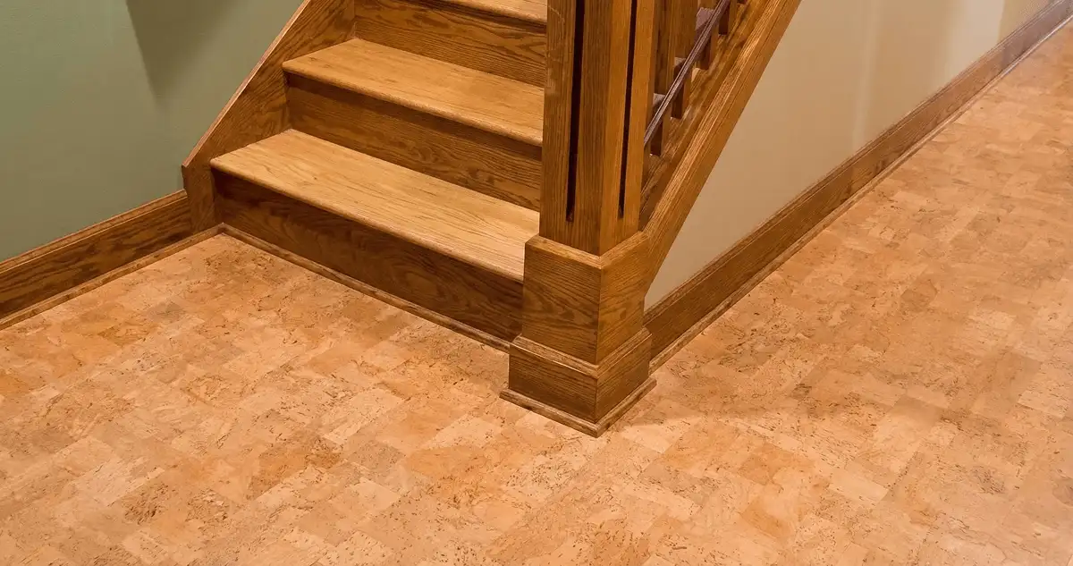 End of a staircase with cork flooring in Madison, WI