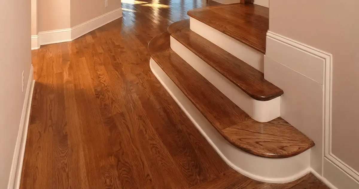 Base floor of a staircase with professionally restored wood flooring in Madison WI