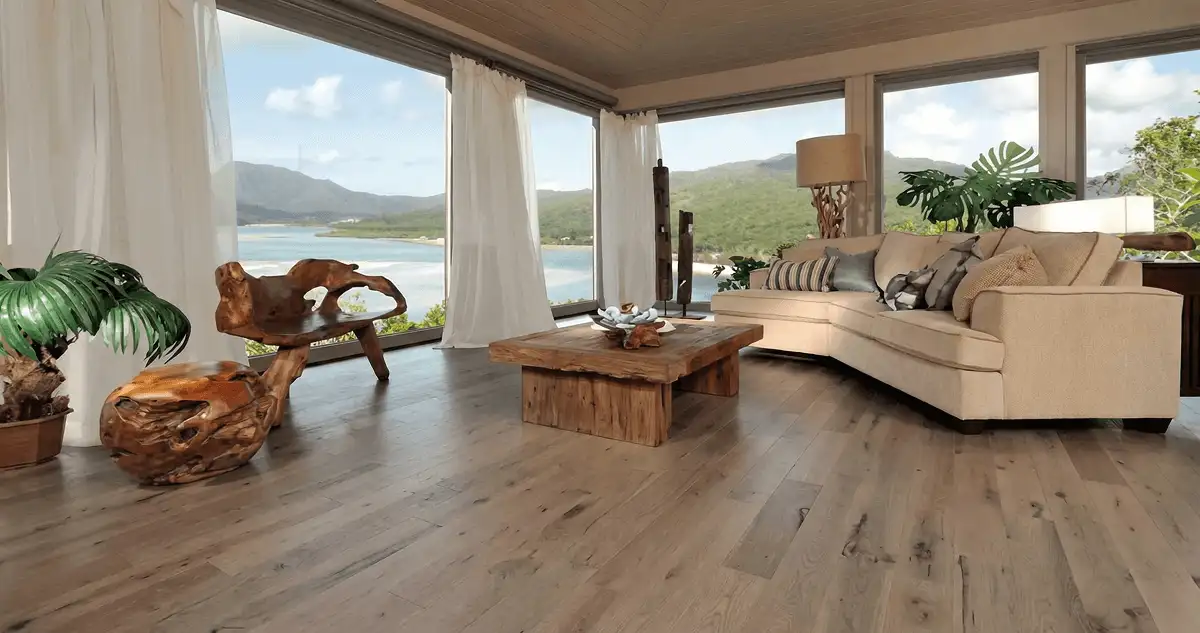 Professionally installed vinyl flooring in a modern living room with large windows in Madison, WI